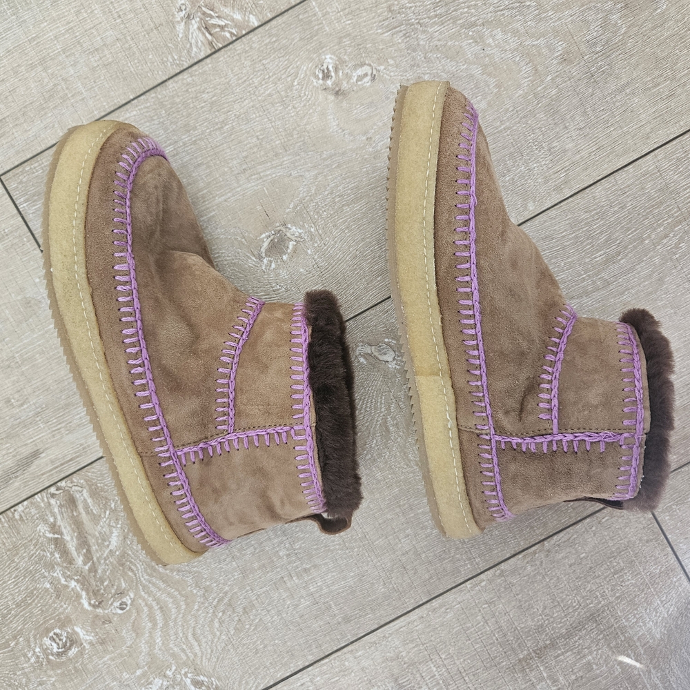 Laidbacklondon Brown Suede Sheerling Fur Ankle Boots with Purple Stitching
